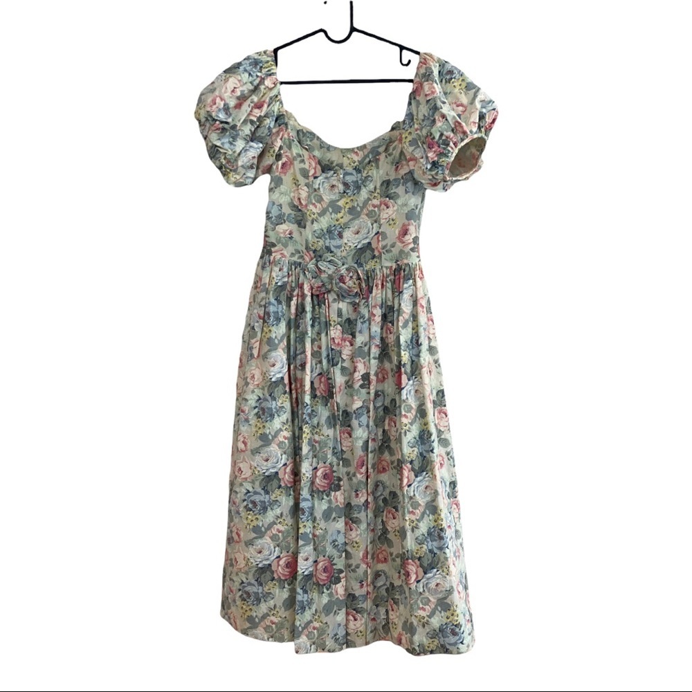 Jessica  McClintock off shoulder vintage 1980;s  puff sleeve floral print dress